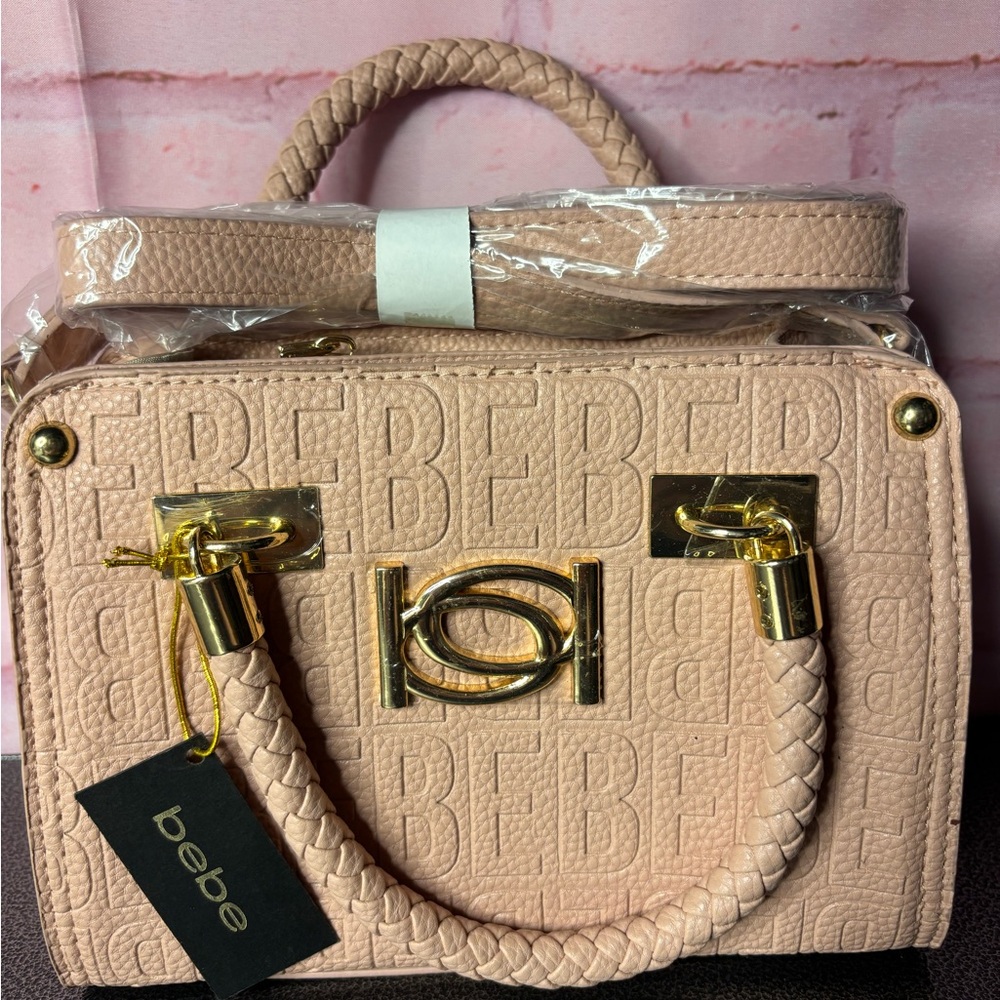 bebe Blush Pink Embossed Logo Satchel with Braided Handle